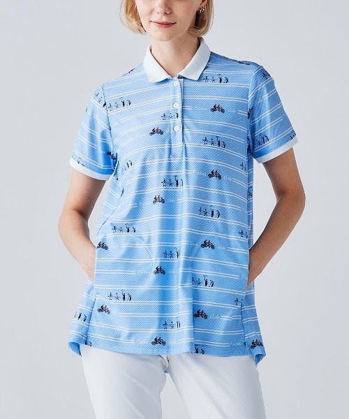 Picone CLUB（ピッコーネクラブ）の「ボーダー柄UVチュニック丈ポロシャツ（ポロシャツ・レディース・ブルー/ホワイト×ブラック/ブラック/ホワイト×グリーン・9号/13号/11号）」の7枚目の写真