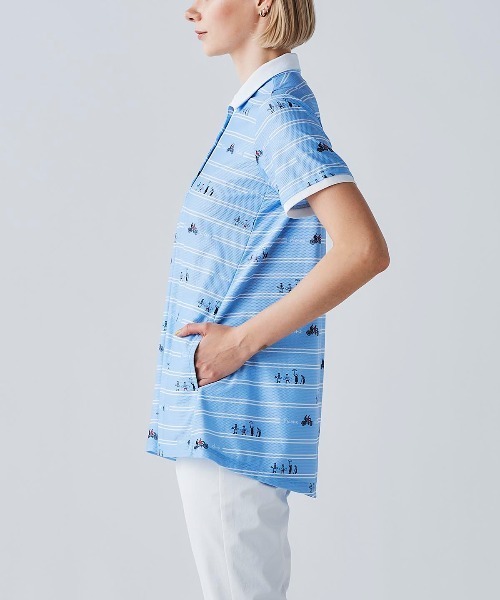 Picone CLUB（ピッコーネクラブ）の「ボーダー柄UVチュニック丈ポロシャツ（ポロシャツ・レディース・ブルー/ホワイト×ブラック/ブラック/ホワイト×グリーン・9号/13号/11号）」の8枚目の写真