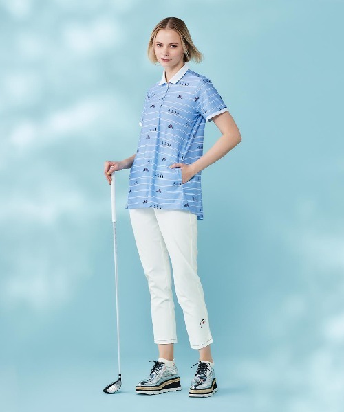 Picone CLUB（ピッコーネクラブ）の「ボーダー柄UVチュニック丈ポロシャツ（ポロシャツ・レディース・ブルー/ホワイト×ブラック/ブラック/ホワイト×グリーン・9号/13号/11号）」の16枚目の写真