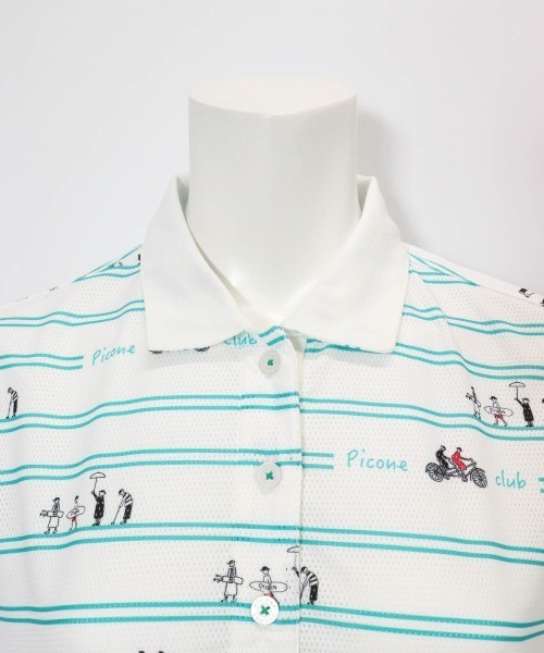 Picone CLUB（ピッコーネクラブ）の「ボーダー柄UVチュニック丈ポロシャツ（ポロシャツ・レディース・ブルー/ホワイト×ブラック/ブラック/ホワイト×グリーン・9号/13号/11号）」の17枚目の写真