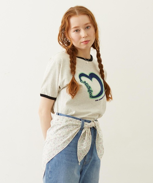 MILKFED.(ミルクフェド)の「HEART LOGO FLOCK PRINT RINGER TEE(Tシャツ/カットソー・レディース・ライトブルー/オートミール/チャコール・S/M)」の2枚目の写真