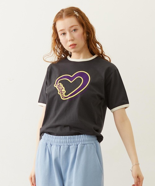 MILKFED.(ミルクフェド)の「HEART LOGO FLOCK PRINT RINGER TEE(Tシャツ/カットソー・レディース・ライトブルー/オートミール/チャコール・S/M)」の1枚目の写真