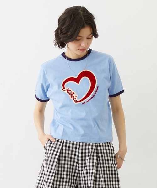 MILKFED.(ミルクフェド)の「HEART LOGO FLOCK PRINT RINGER TEE(Tシャツ/カットソー・レディース・ライトブルー/オートミール/チャコール・S/M)」の3枚目の写真