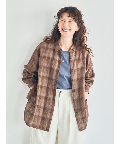 Samansa Mos2（サマンサ モスモス）の「リネンシャツ（シャツ/ブラウス・レディース・オフホワイト/ベージュ/チェック/ストライプ・F）」の4枚目の写真