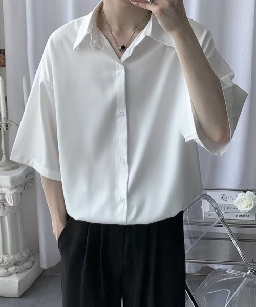 WYZ wear(ダブリューワイジィーウェア)の「ネクタイ付きオーバーサイズ半袖シャツ/ユニセックス(シャツ/ブラウス・メンズ・ブラック/グレー/ホワイト・XL/L/M)」の7枚目の写真