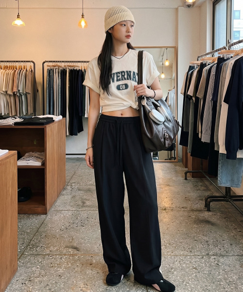 BASIC HOUSE（ベーシックハウス）の「レディース 通気性バンディングワイドパンツ ブラック（スウェットパンツ・レディース・ブラック・SMALL/MEDIUM/LARGE）」の2枚目の写真
