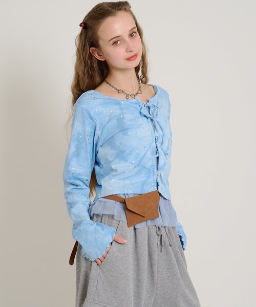 w closet(ダブルクローゼット)の「星リボンカーデ(Tシャツ/カットソー・レディース・ピンク/ブルー/オフホワイト/グレー/ブラック・FREE)」の4枚目の写真