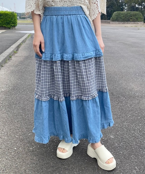 CRB(シーアールビー)の「デニムチェック切替ロングスカート(デニムスカート・レディース・インディゴブルー/ブルー・F)」の7枚目の写真
