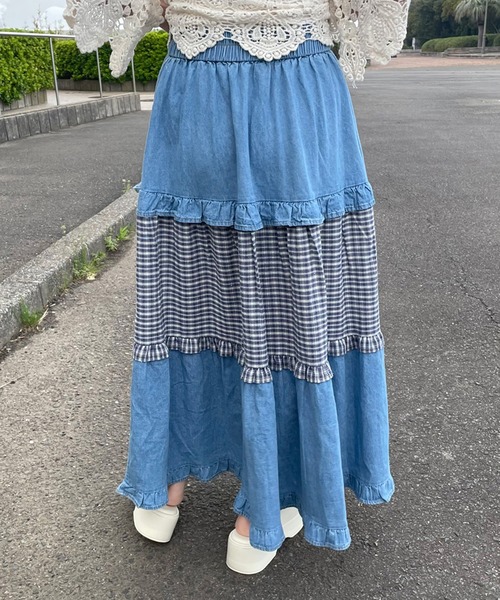 CRB(シーアールビー)の「デニムチェック切替ロングスカート(デニムスカート・レディース・インディゴブルー/ブルー・F)」の10枚目の写真