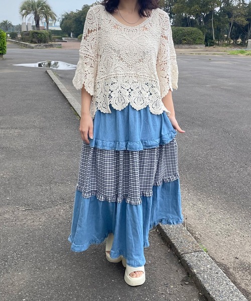 CRB(シーアールビー)の「デニムチェック切替ロングスカート(デニムスカート・レディース・インディゴブルー/ブルー・F)」の11枚目の写真