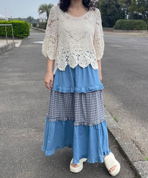 CRB(シーアールビー)の「デニムチェック切替ロングスカート(デニムスカート・レディース・インディゴブルー/ブルー・F)」の13枚目の写真