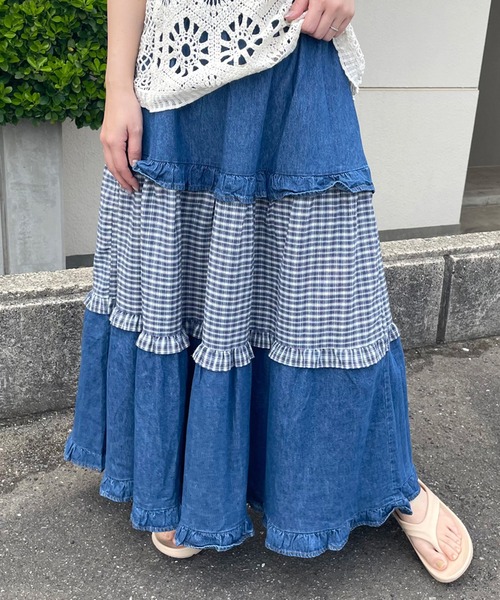 CRB(シーアールビー)の「デニムチェック切替ロングスカート(デニムスカート・レディース・インディゴブルー/ブルー・F)」の14枚目の写真
