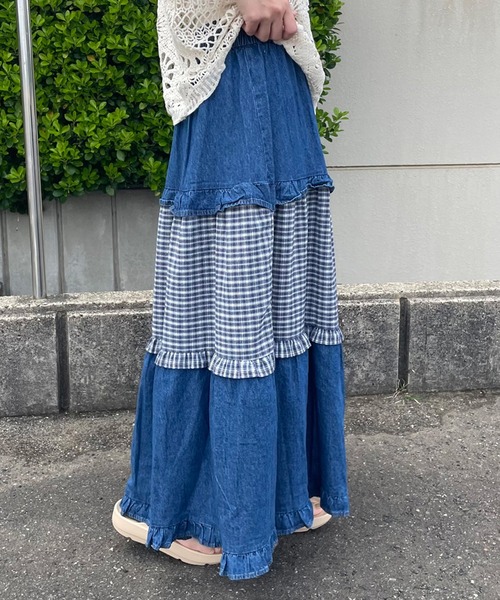 CRB(シーアールビー)の「デニムチェック切替ロングスカート(デニムスカート・レディース・インディゴブルー/ブルー・F)」の15枚目の写真