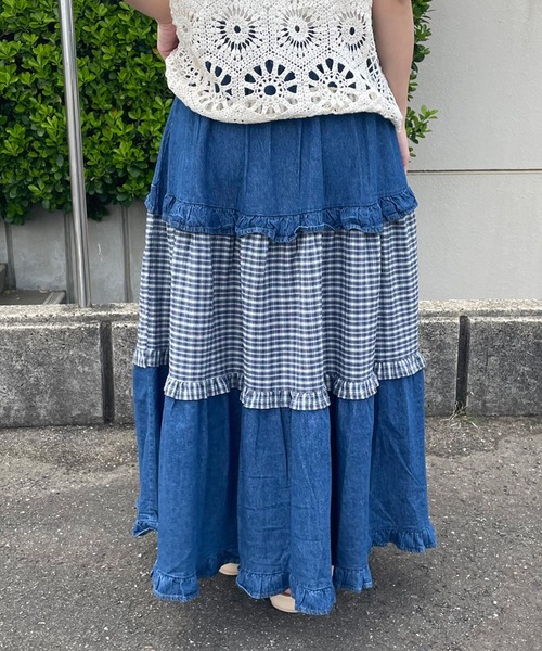 CRB(シーアールビー)の「デニムチェック切替ロングスカート(デニムスカート・レディース・インディゴブルー/ブルー・F)」の16枚目の写真
