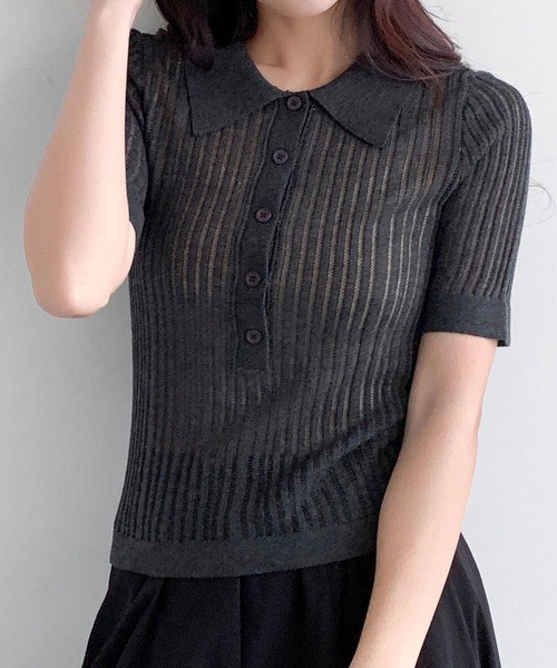 LOWO(ロワ)の「シアーリブ半袖ポロトップス(ポロシャツ・レディース・ダークグリーン/ネイビー/チャコールグレー/グレー/オフホワイト/アイボリー・FREE)」の4枚目の写真