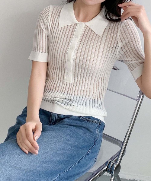 LOWO(ロワ)の「シアーリブ半袖ポロトップス(ポロシャツ・レディース・ダークグリーン/ネイビー/チャコールグレー/グレー/オフホワイト/アイボリー・FREE)」の7枚目の写真