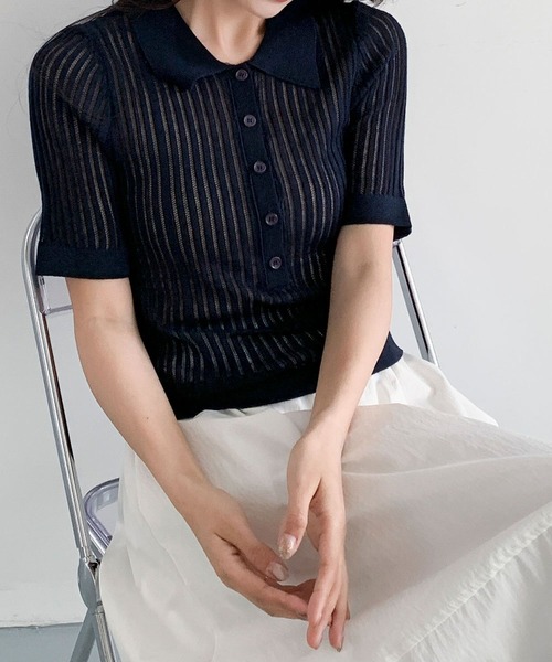 LOWO(ロワ)の「シアーリブ半袖ポロトップス(ポロシャツ・レディース・ダークグリーン/ネイビー/チャコールグレー/グレー/オフホワイト/アイボリー・FREE)」の14枚目の写真