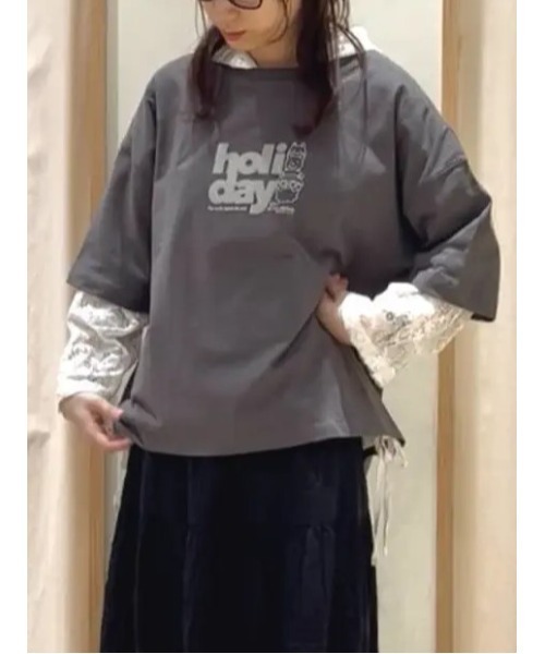 Samansa Mos2(サマンサ モスモス)の「ヴィンテージ風天竺おじさんフロッキープリントTシャツ(Tシャツ/カットソー・レディース・チャコールグレー/オフホワイト/グレー・F)」の2枚目の写真
