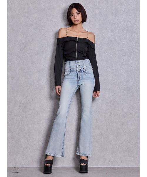 GYDA（ジェイダ）の「ハイウエストBACKクロスフレアパンツ（デニムパンツ・レディース・ブラック/ライトブルー/インディゴブルー・MEDIUM/SMALL/X-SMALL）」の6枚目の写真