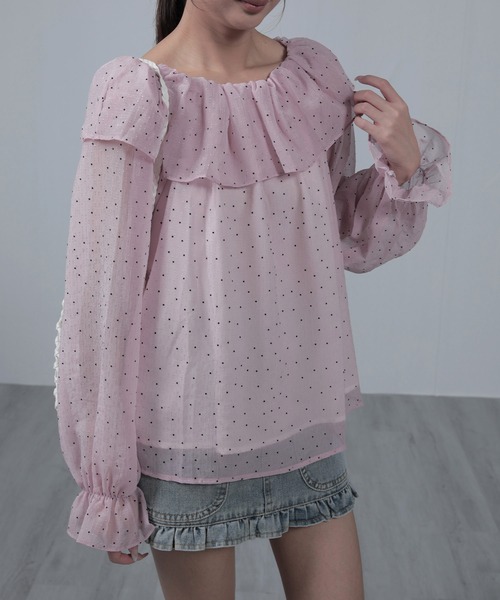 nonomi(ノノミ)の「フリルオフショルダー ピンドット柄 シアーブラウス 長袖(シャツ/ブラウス・レディース・ブルー/ピンク/オレンジ系その他7・FREE)」の2枚目の写真