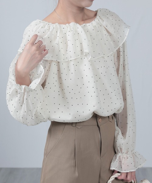 nonomi(ノノミ)の「フリルオフショルダー ピンドット柄 シアーブラウス 長袖(シャツ/ブラウス・レディース・ブルー/ピンク/オレンジ系その他7・FREE)」の4枚目の写真