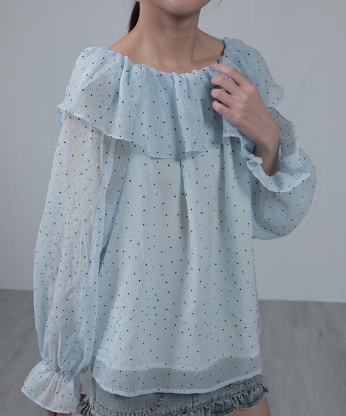 nonomi(ノノミ)の「フリルオフショルダー ピンドット柄 シアーブラウス 長袖(シャツ/ブラウス・レディース・ブルー/ピンク/オレンジ系その他7・FREE)」の6枚目の写真