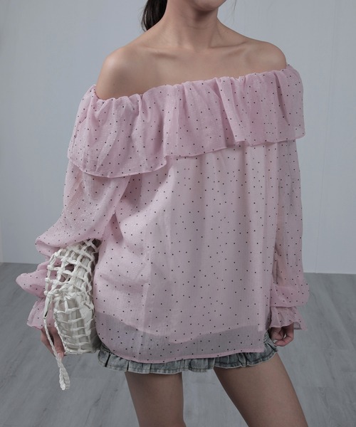 nonomi(ノノミ)の「フリルオフショルダー ピンドット柄 シアーブラウス 長袖(シャツ/ブラウス・レディース・ブルー/ピンク/オレンジ系その他7・FREE)」の8枚目の写真