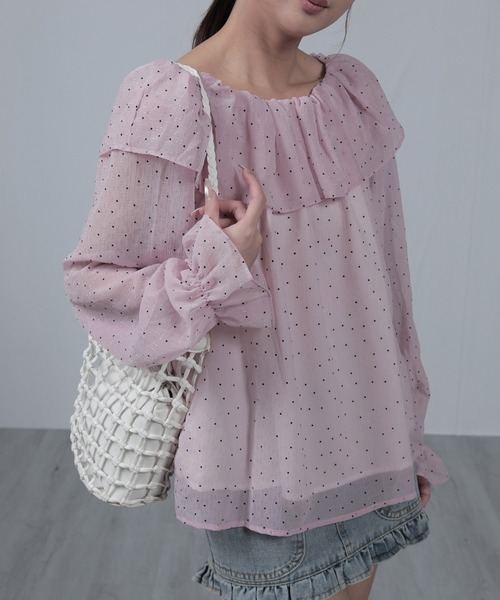 nonomi(ノノミ)の「フリルオフショルダー ピンドット柄 シアーブラウス 長袖(シャツ/ブラウス・レディース・ブルー/ピンク/オレンジ系その他7・FREE)」の9枚目の写真