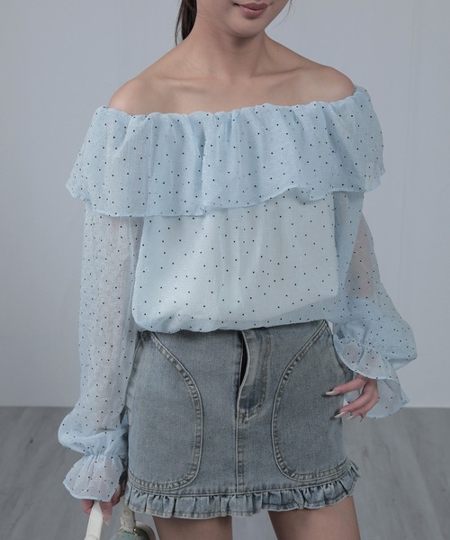 nonomi(ノノミ)の「フリルオフショルダー ピンドット柄 シアーブラウス 長袖(シャツ/ブラウス・レディース・ブルー/ピンク/オレンジ系その他7・FREE)」の7枚目の写真