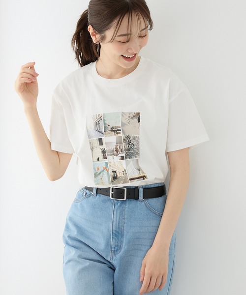 Honeys(ハニーズ)の「【ハニさら・接触冷感・UVカット・遮熱】フォトプリントTシャツ(Tシャツ/カットソー・レディース・オフホワイト/モカ/レッド/スミクロ/オレンジ・L/LL/M/S)」の1枚目の写真