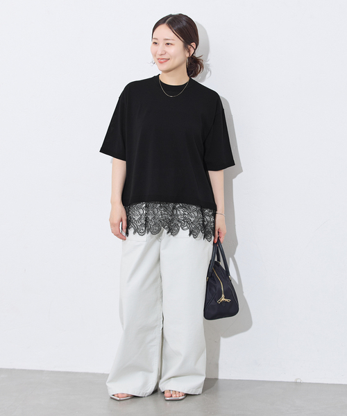 JOURNAL STANDARD(ジャーナルスタンダード)の「【洗える/接触冷感】WASHABLE COOL レースヘム ハーフスリーブ プルオーバー(ニット/セーター・レディース・アイボリー/ブラック・FREE)」の6枚目の写真