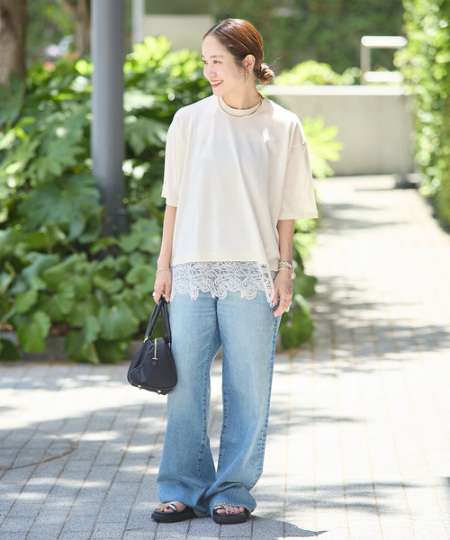 JOURNAL STANDARD(ジャーナルスタンダード)の「【洗える/接触冷感】WASHABLE COOL レースヘム ハーフスリーブ プルオーバー(ニット/セーター・レディース・アイボリー/ブラック・FREE)」の7枚目の写真