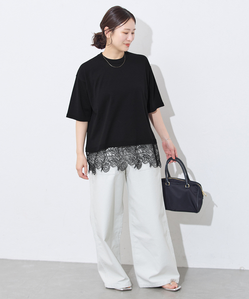 JOURNAL STANDARD(ジャーナルスタンダード)の「【洗える/接触冷感】WASHABLE COOL レースヘム ハーフスリーブ プルオーバー(ニット/セーター・レディース・アイボリー/ブラック・FREE)」の8枚目の写真