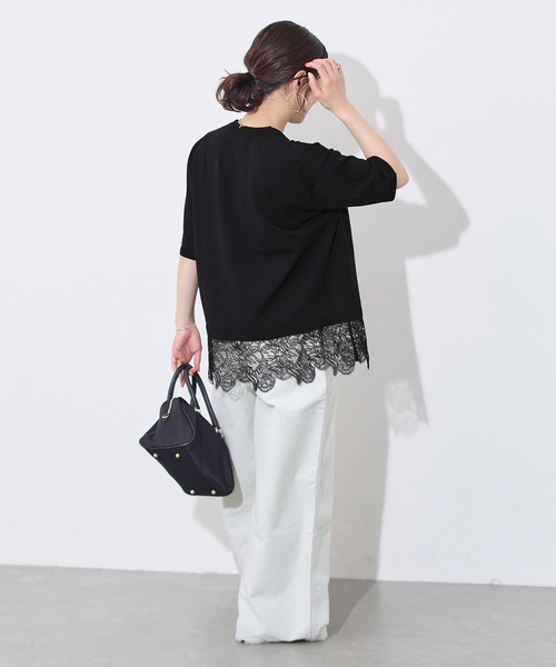 JOURNAL STANDARD(ジャーナルスタンダード)の「【洗える/接触冷感】WASHABLE COOL レースヘム ハーフスリーブ プルオーバー(ニット/セーター・レディース・アイボリー/ブラック・FREE)」の10枚目の写真