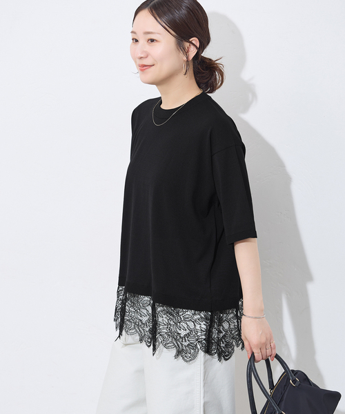 JOURNAL STANDARD(ジャーナルスタンダード)の「【洗える/接触冷感】WASHABLE COOL レースヘム ハーフスリーブ プルオーバー(ニット/セーター・レディース・アイボリー/ブラック・FREE)」の11枚目の写真