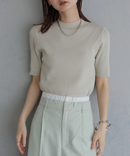 &g'aime(アンジェム)の「【&g'aime 】ラメリブハーフスリーブニット Glitter Ribbed Half-Sleeve Knit(ニット/セーター・レディース・アイボリー/ブラウン/ブラック・FREE)」の6枚目の写真