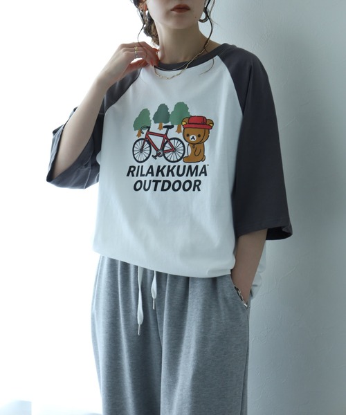 FUNALIVE(ファンアライブ)の「リラックマアウトドア 袖配色ラグランオーバーサイズTシャツ 半袖(Tシャツ/カットソー・メンズ・ブルー系その他/ベージュ系その他/ホワイト系その他・M/L/LL)」の14枚目の写真
