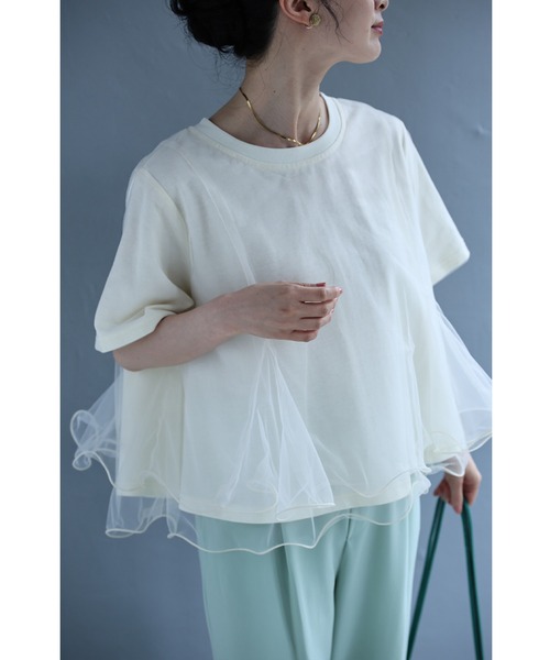 cawaii（カワイイ）の「波うつ2重チュールのベールTシャツトップス（Tシャツ/カットソー・レディース・グレー/アイボリー・FREE）」の16枚目の写真