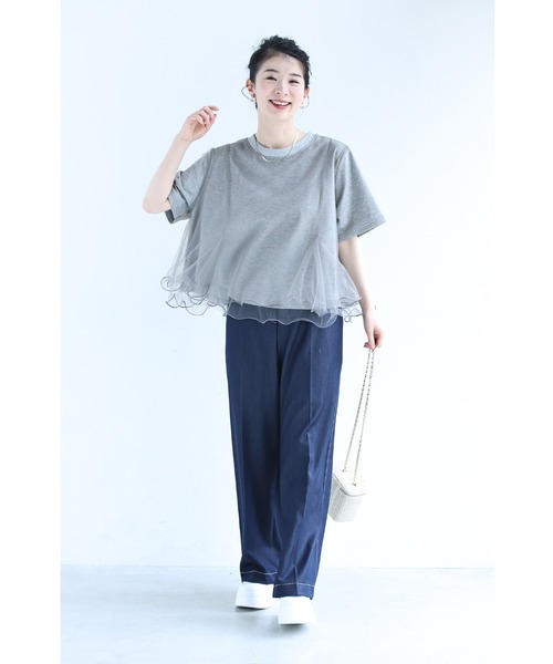 cawaii（カワイイ）の「波うつ2重チュールのベールTシャツトップス（Tシャツ/カットソー・レディース・グレー/アイボリー・FREE）」の8枚目の写真
