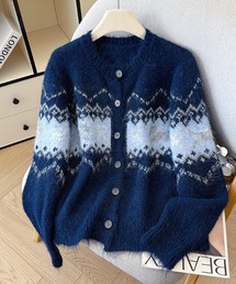 フェイクファー ジャガード 配色切替 ニットカーディガン