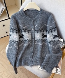 フェイクファー ジャガード 配色切替 ニットカーディガン