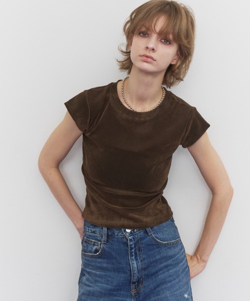 Rohwel(ローウェル)の「Velour Short Sleeve Top / ベロアショートスリーブトップス(Tシャツ/カットソー・レディース・ホワイト/ブラック/ブラウン・FREE)」の19枚目の写真