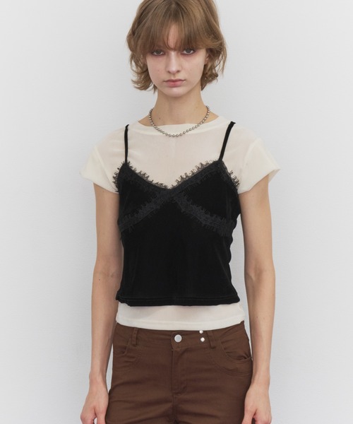 Rohwel(ローウェル)の「Velour Short Sleeve Top / ベロアショートスリーブトップス(Tシャツ/カットソー・レディース・ホワイト/ブラック/ブラウン・FREE)」の4枚目の写真