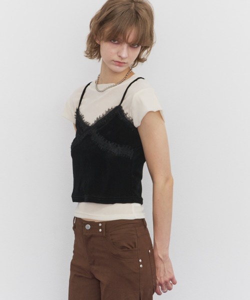 Rohwel(ローウェル)の「Velour Short Sleeve Top / ベロアショートスリーブトップス(Tシャツ/カットソー・レディース・ホワイト/ブラック/ブラウン・FREE)」の6枚目の写真