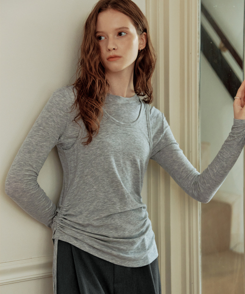 ZEROSTREET(ゼロストリート)の「シャーリングレイヤードTシャツ / メランジグレー(Tシャツ/カットソー・レディース・ライトグレー・SMALL/MEDIUM)」の2枚目の写真
