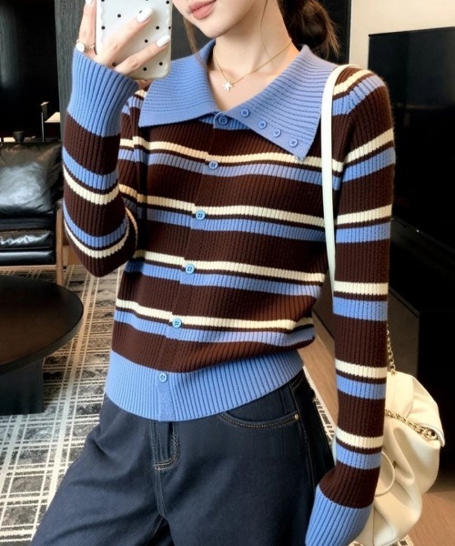 Ritzy(リッツィー)の「ビッグカラーストライプニットカーディガン(カーディガン/ボレロ・レディース・ブルー/グリーン/ネイビー・FREE)」の3枚目の写真