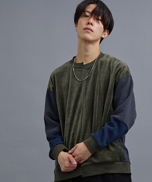 STUDIOUS（ステュディオス）の「ベロアコンビドルマンスウェット（スウェット・メンズ・カーキ/ネイビー・3/1/2）」の2枚目の写真