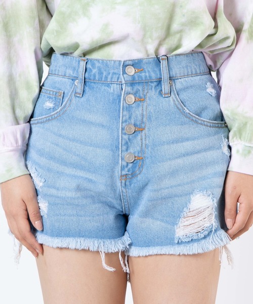 WEGO（ウィゴー）の「WEGO/ボタンフライクラッシュデニムショーツ（デニムパンツ・レディース・ブラック/インディゴブルー/ライトインディゴブルー・SMALL/MEDIUM/LARGE）」の16枚目の写真