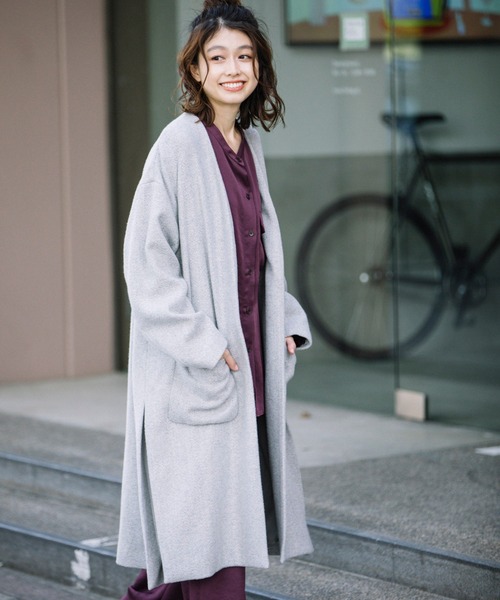 Munich（ミューニック）の「メロンウェーブウール　ノーカラーフレアコート（ノーカラーコート・レディース・ベージュ/ラベンダー/ブラック/ライトグレー・XS/S）」の3枚目の写真