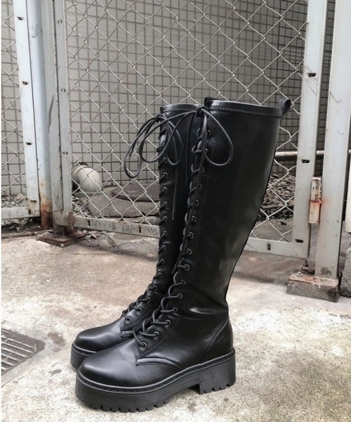 セール】【R&E】厚底ラバーソールレースアップロングブーツ（ブーツ